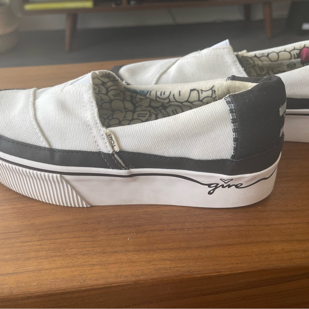Toms white and black platform slip on canvas shoes
